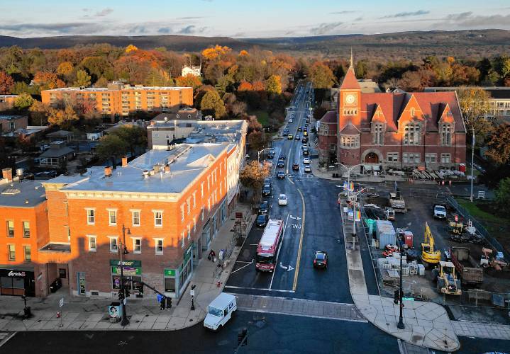 Downtown Amherst looking down Main Street toward the Town Hall building on Wednesday evening.