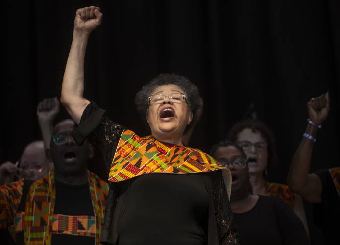 Jacqueline Wallace sings with the Amherst Area Gospel Choir during the 16th annual Juneteenth Jubilee at the Lane Parish Center of St. Brigid?s Church, Thursday, June 19, 2025, in Amherst.